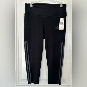 Adidas Black Cropped Leggings with Gray Stripes. Size L
